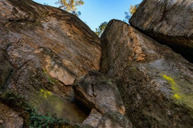 Parlak güneş ışığı altında dokuları ve yeşil yosunları olan devasa doğal kaya oluşumu..