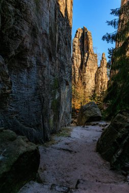 Gün batımında dar orman yolunda görkemli kum taşı oluşumları.