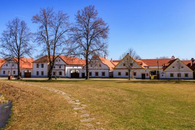 Yurt pencereleri ve açık mavi gökyüzü altında geniş bahçesi olan geleneksel Avrupa köyü evleri.