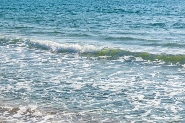 Yumuşak okyanus dalgaları açık mavi gökyüzünün altında kumlu kıyı şeridine vuruyor..