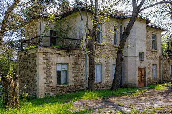 Güneşli bir günde ağaçlar ve yeşil çimlerle çevrili taştan bir ev..