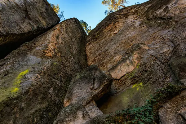 Doğal ortamda bitki örtüsü ve gökyüzü ile görkemli kaya oluşumları.