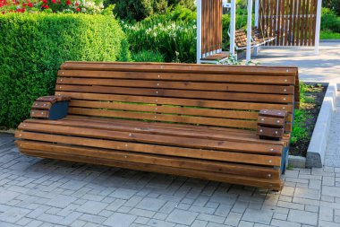 Asfaltlı yoldaki ahşap park bankının etrafı yemyeşil..