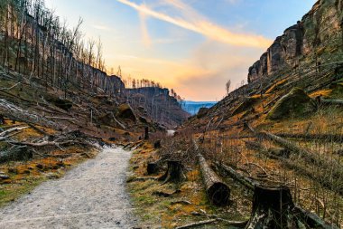 Kayalık arazi ve gün batımında berrak gökyüzü ile nefes kesici kanyon manzarası.
