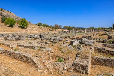 Birkaç ağaç ve mavi gökyüzü olan bir çöl manzarası. Manzara çorak ve çorak, sadece birkaç dağınık kaya ve bitki var. Yunanistan 'ın antik Filippi kentinin kalıntıları