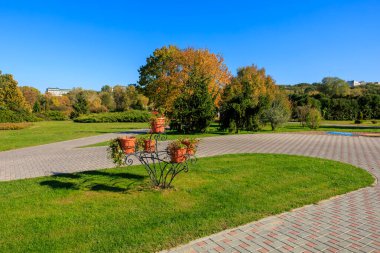 Yolu ve bankı olan bir park. Yedek kulübesi boş. Patikada dört saksı bitkisi var.