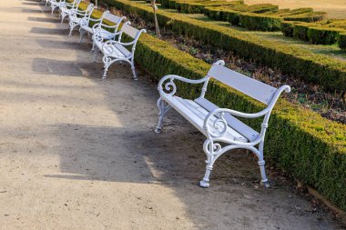 Çalılar ve çakıl yollarıyla güneşli parkta beyaz banklar..