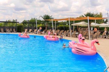 Bir grup insan havuzda pembe şişirilebilir yüzdürme cihazları üzerinde yüzüyorlar. Havuz şezlonglar ve şemsiyelerle çevrili, rahatlatıcı bir atmosfer yaratıyor. 8 Haziran 2024 Balti Moldova