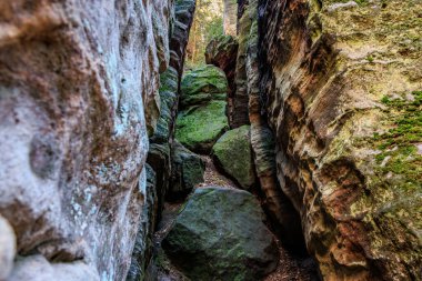 Manzaralı dağ manzarasında yosun kaplı kayalarla kaplı dar kayalık bir geçit..