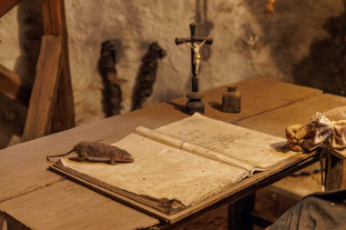 Vintage study table with open book, rat, and antique objects. March 18, 2025, Loket, Czech Republic.