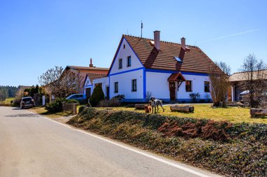 Charming rural house with dogs in countryside setting. March 21, 2025, Holasovice, Czechia.