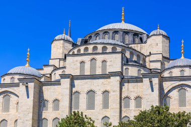 Beautiful exterior of sultan ahmed mosque in clear blue sky.