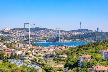Panoramic view of bosphorus bridge and istanbul cityscape under clear blue sky.