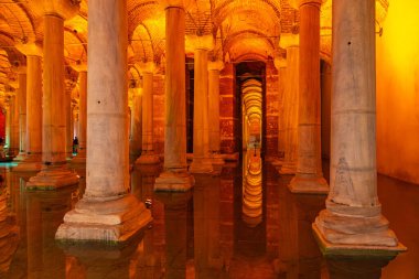 Ancient underground basilica cistern with reflective waters and majestic columns.