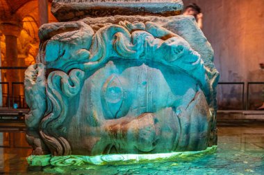 Ancient medusa head column base in yerebatan cistern, istanbul.