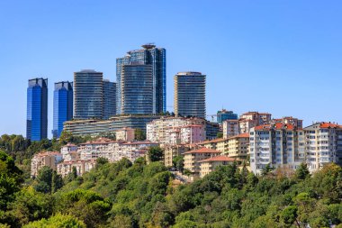 Skyscrapers and residential buildings amidst lush greenery in urban landscape. August 12, 2025 Istanbul Turkey.
