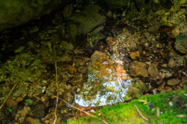 Kayalara küçük bir su akıntısı yansıyor. Su berrak ve sakindir ve kayalar derenin etrafına saçılmıştır. Sahne huzurlu ve sakin, suyla birlikte.