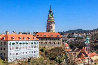 Charming castle and historic architecture under clear blue sky, Cesky Krumlov in Czech Republic.