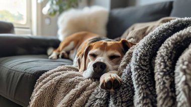  Beagle köpeği modern bir oturma odasındaki rahat bir kanepede yatıyor. Yüksek kalite fotoğraf
