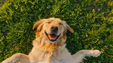 Kameraya bakan sevimli bir golden retriever portresi. Köpeğin üst görüntüsü. Mutlu köpek poz veriyor ve yukarı bakıyor. Kopyalama alanı 