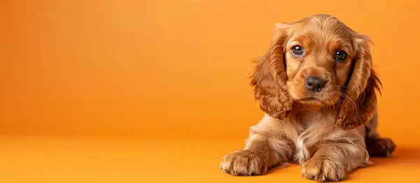 Porträt Süßer Englischer Cockerspaniel Porträt Eines Lustigen Hundes Vereinzelter Gelber Stockbild