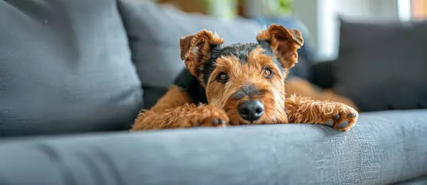 Airedale Terrier Hund Liegt Auf Einem Gemütlichen Sofa Einem Modernen Stockbild