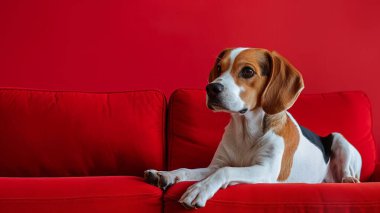Koyu kırmızı arka plandaki av köpeği kopyalama alanı. Yüksek kalite fotoğraf