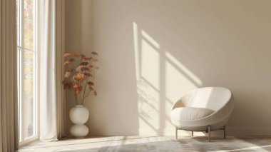 Sandalye ve büyük pencereli minimalist iç oda, keten kumaş desenli arka plan rengi PANTONE 13-1023 Şeftali Fuzz -- ar 16: 9 -- style ham iş kimliği: 12322489-bf52-4930-abf2-ae98c4878b4