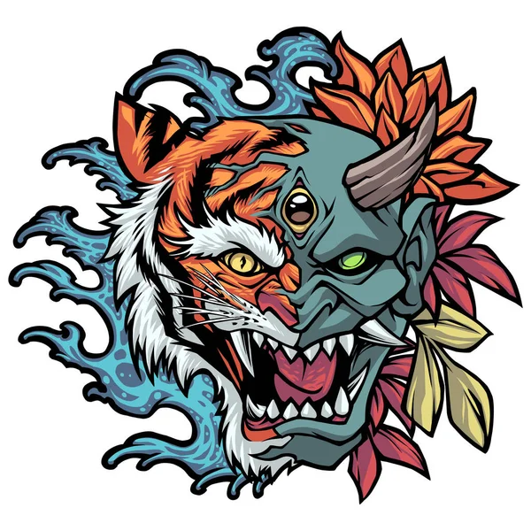 带有半恶魔面具吉祥物标志的老虎 — 图库矢量图片