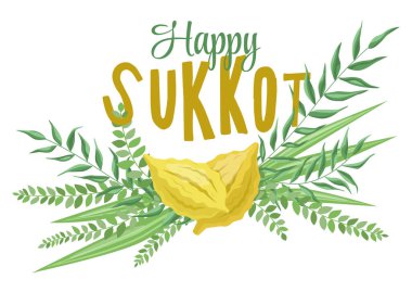 Arba minim ile Sukkot karşılama kartı, 4 tür: etrog ve palmiye, mersin ve söğüt dalları (lulav, hadasim, aravot), yatay kompozisyon pankartı, Yahudi Bayramını Kutlarım, Mutlu Sukkoth!