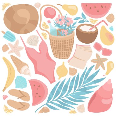 Yaz havasının sevimli kare kompozisyonu: plaj şeyleri - mayo, şapka, güneş gözlükleri, parmak arası terlikler, palmiye yaprağı, deniz kabukları ve yıldızlar, kitap, meyve, dondurma. Yumuşak renklerde mutlu tatil koleksiyonu.