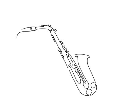 Saksafon sürekli çizgi vektör çizimi. Klasik saksafonun tek çizgi çizimi. El çizimi minimalizm tarzı.