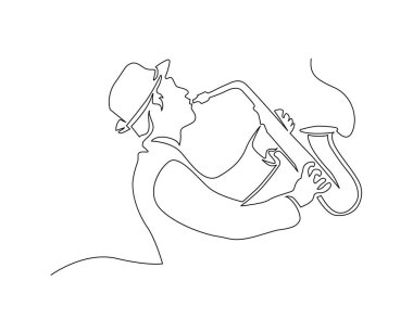 Saxophonist 'in aralıksız çizgisi. Bir çizgi soyut Saksafoncu çizer