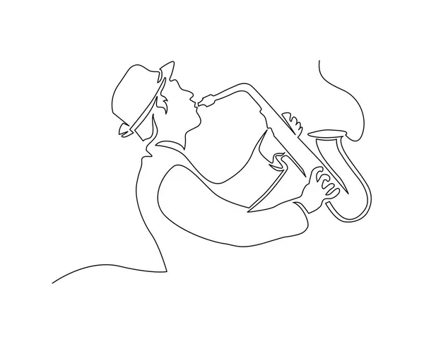 Saxophonist 'in aralıksız çizgisi. Bir çizgi soyut Saksafoncu çizer