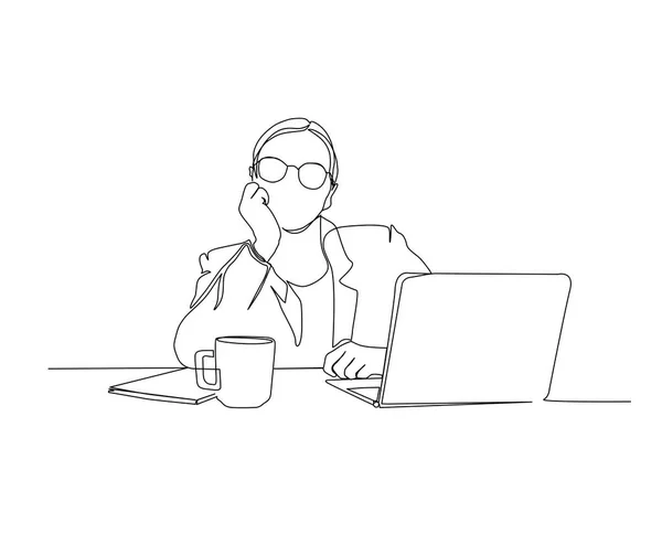 テーブルの上にコーヒーを片手にノートパソコンやノートパソコンを前に考えているプロの若手ビジネスマンの連続ライン ラップトップコンピュータ上で働く1つの線画の女性 — ストックベクタ