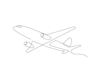 Continuous line drawing of airplane. Single one line art concept of plane flying from right to left.