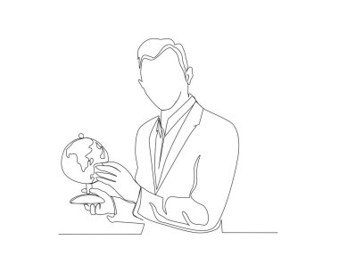 Continuous line drawing of Young Man Holding Earth Globe. Single one line drawing man hold globe.