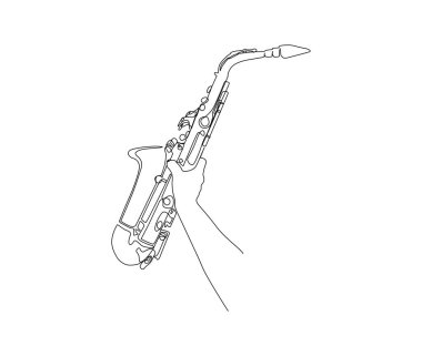  Continuous line art of Hand Holding Saxophone vector illustration. Single line drawing of classical saxophone. Hand drawn minimalism style.
