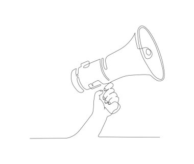 Continuous one line drawing of megaphone speaker or horn speaker hold by hand sign and symbol for announcement and news. Single line drawing vector illustration.