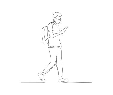 Continuous line art of young boy walking and holding phone. Single line drawing vector illustration.