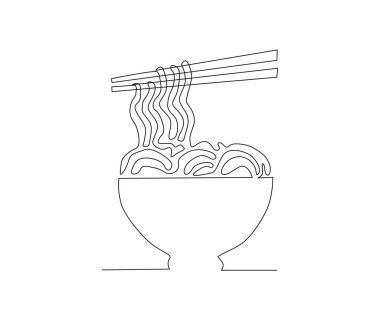 Continuous line art drawing of asian noodle in the bowl. Ramen line art drawing vector illustration.