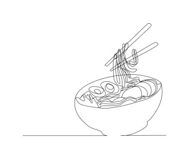 Continuous line art drawing of asian noodle in the bowl. Ramen single line art drawing vector illustration.