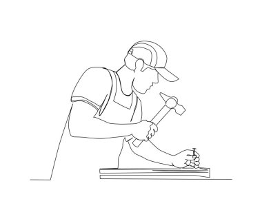 Continuous line drawing of carpenter Hitting nail using hammer. Carpenter line art drawing vector illustration with active stroke.