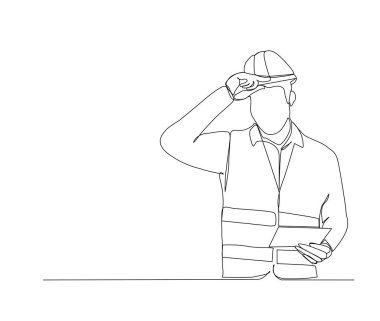 Continuous line drawing of construction worker with blue print paper. Single line art of architect hold design paper of building vector - Ilustrator. 