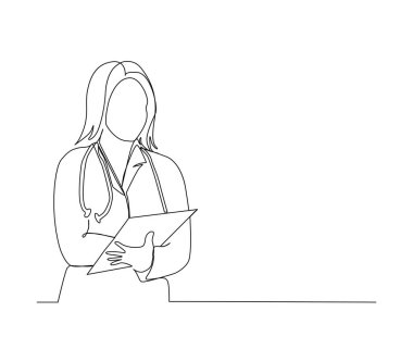 Continuous line drawing of woman doctor holding patient paper document with stethoscope. Single line art of health care concept - Vector illustration.