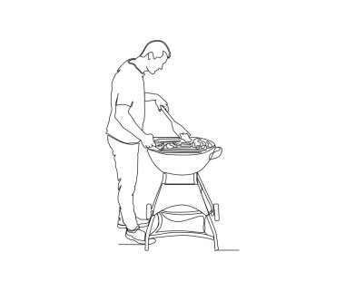 Continuous one line drawing of man cooking meat on barbecue grill . single line of man cooks a barbecue , minimalism style.