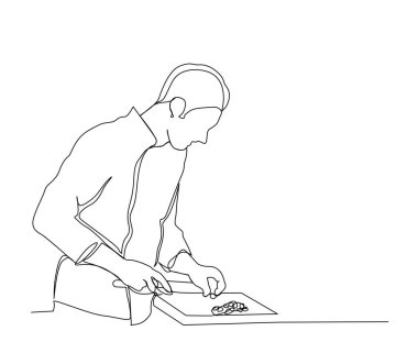 Continuous line drawing of Slice of Chef Chopping Vegetable vector illustration. Chef working single line art hand drawn minimalism style.
