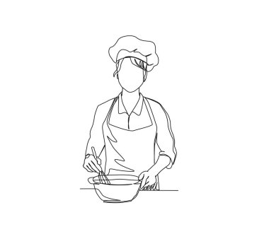 Continuous line drawing of Chef Stirring in Mixing Bowl vector illustration. Chef working single line art hand drawn minimalism style.