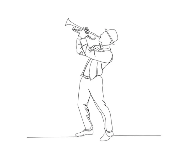  Continuous line art of man holding trumpet vector illustration. Single line drawing of trumpet. Hand drawn minimalism style.