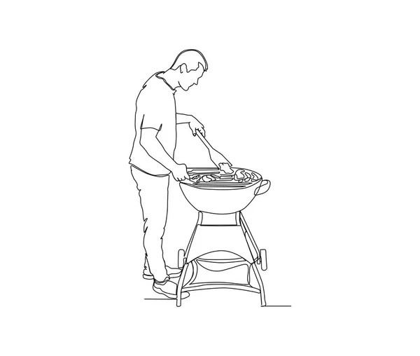 Continuous One Line Drawing Man Cooking Meat Barbecue Grill Single — Archivo Imágenes Vectoriales